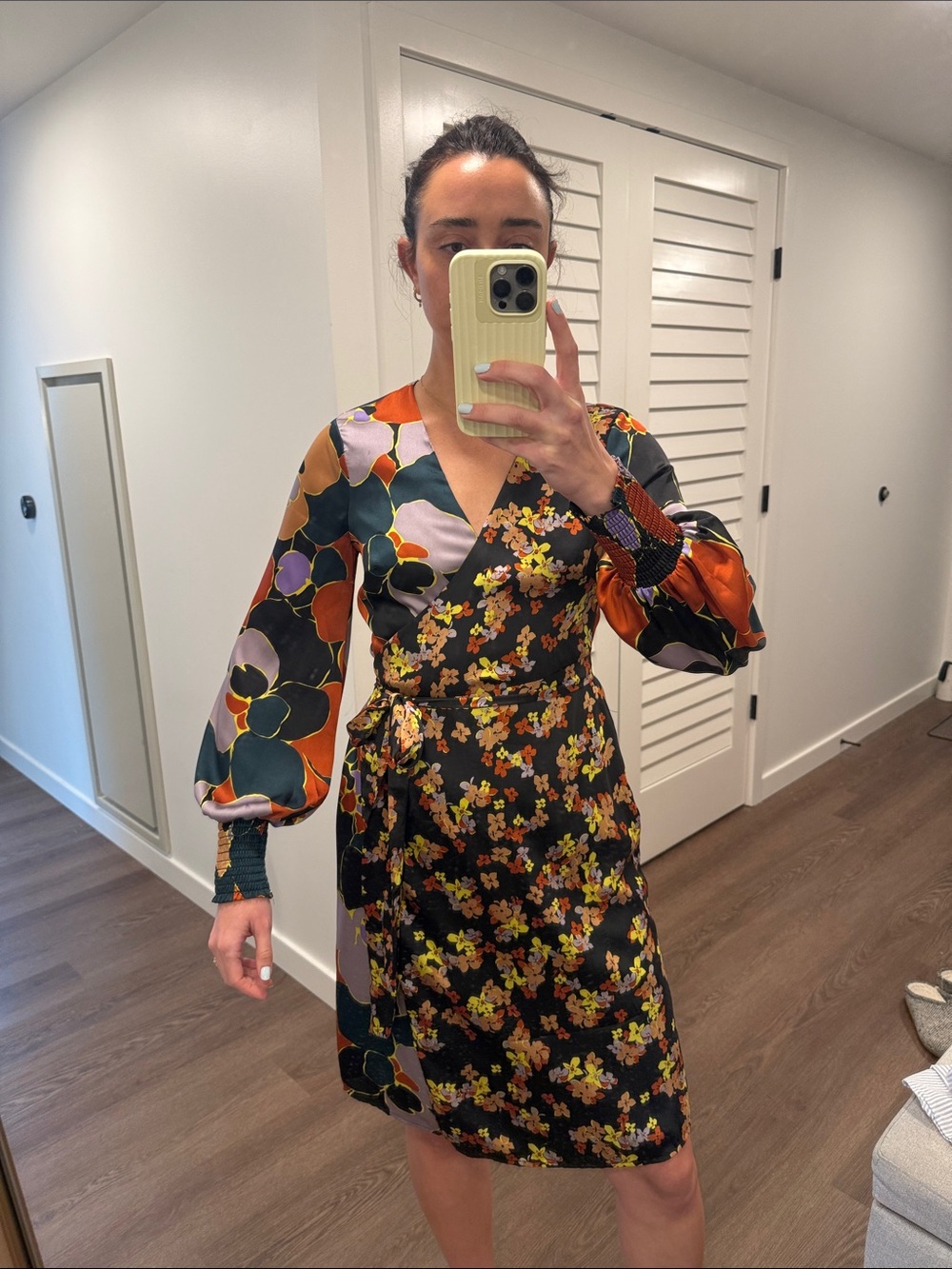 Anthropologie Black Floral Wrap Dress with Orange, Green and Purple Accents